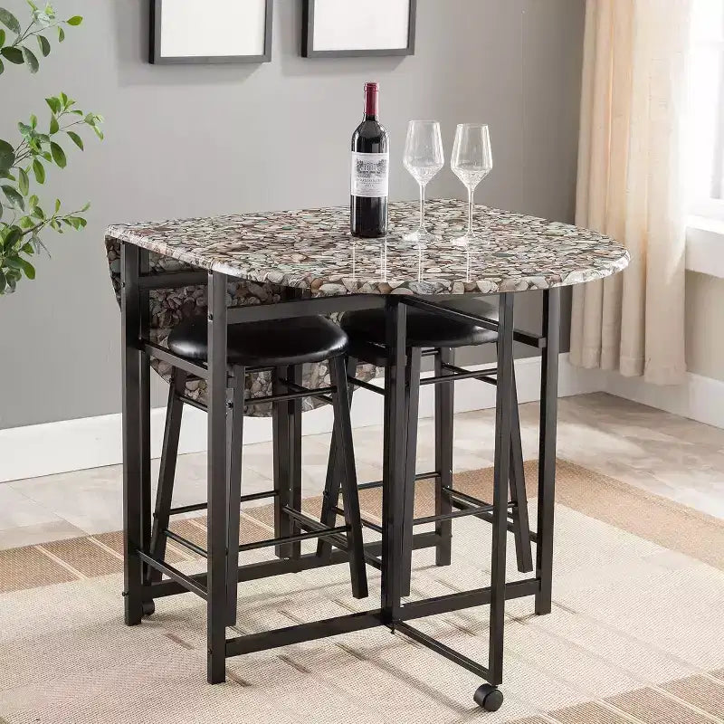 Kings Brand Furniture  Akins 3-Piece Drop-Leaf Dinette Set with Faux Marble Tabletop and Faux Leather Stools