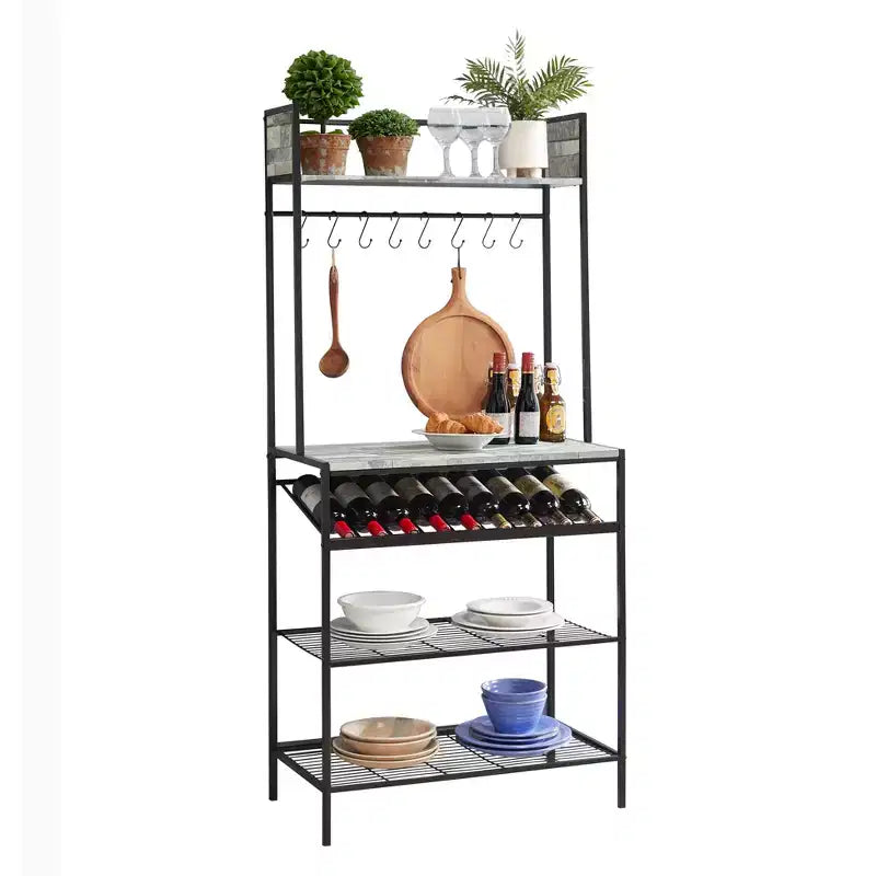 Kings Brand Furniture Lindsay Mensola in Acciaio per Forno a Microonde con Ripiani a Piastrelle Grige, Portabottiglie per 9 Bottiglie di Vino e 8 Ganci - Organizzatore per la Cucina