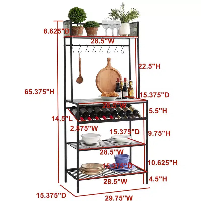 Kings Brand Furniture Lindsay Mensola in Acciaio per Forno a Microonde con Ripiani a Piastrelle Grige, Portabottiglie per 9 Bottiglie di Vino e 8 Ganci - Organizzatore per la Cucina