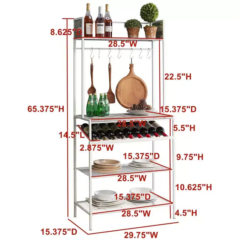 Kings Brand Furniture Lindsay Mensola in Acciaio per Forno a Microonde con Ripiani a Piastrelle Grige, Portabottiglie per 9 Bottiglie di Vino e 8 Ganci - Organizzatore per la Cucina