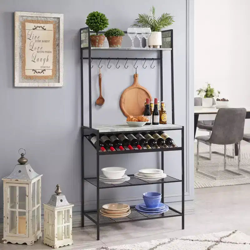 Kings Brand Furniture Lindsay Gray Tile Bakers Rack with 9 Wine Bottle Capacity Rack & 8 Hooks - Kitchen Storage Organizer