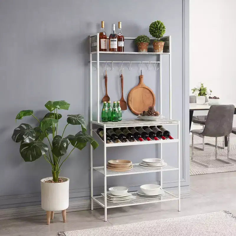 Kings Brand Furniture Lindsay Mensola in Acciaio per Forno a Microonde con Ripiani a Piastrelle Grige, Portabottiglie per 9 Bottiglie di Vino e 8 Ganci - Organizzatore per la Cucina
