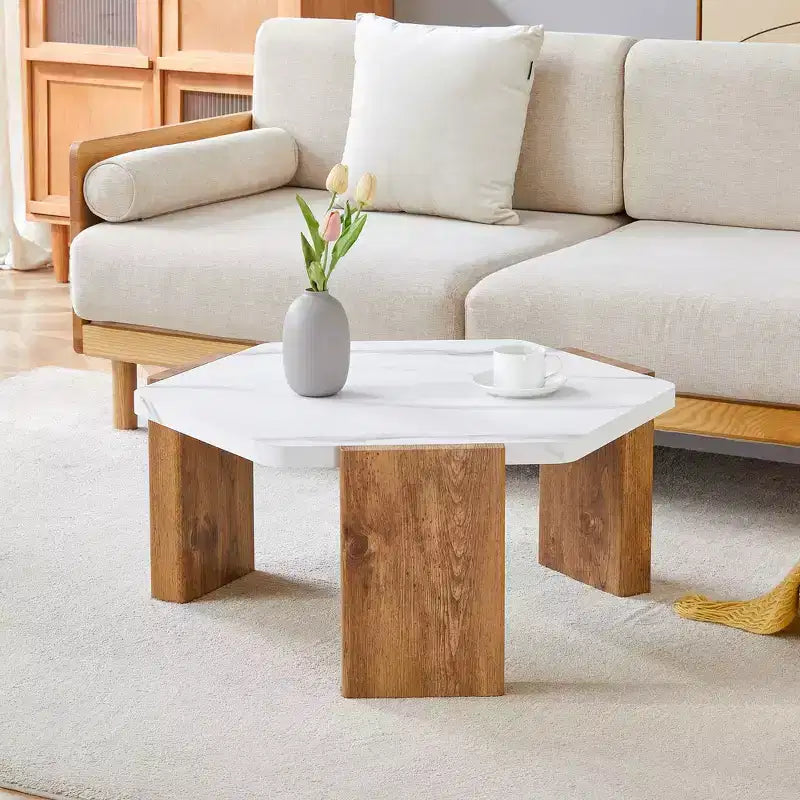 MAYEERTY White Coffee Table Faux Marble Top Triangular Wood Base, 31 Inch