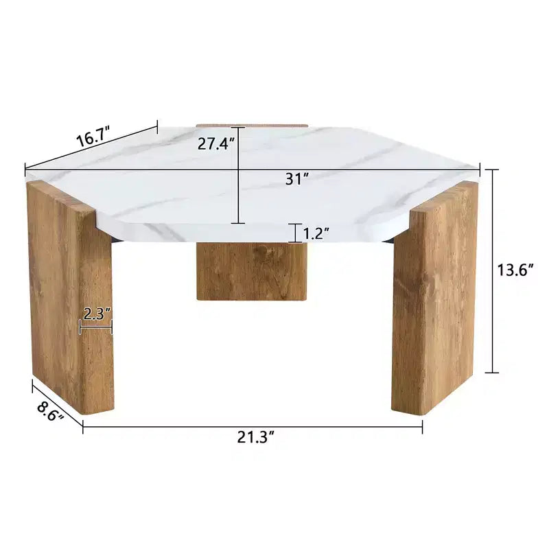 Tavolino da caffè MAYEERTY Bianco con piano in finto marmo e base triangolare in legno, 31 pollici