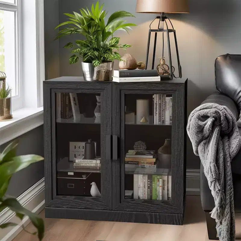 PexFix 31x31x16 Wood Accent Cabinet with Adjustable Shelf Storage Cabinet Black-Glass Door