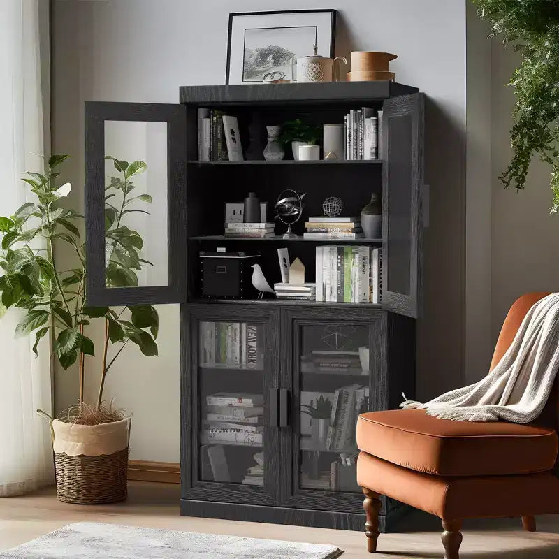 PexFix Mobile Accentato in Legno 31x31x16 con Ripiano Regolabile, Armadietto Contenitore Nero-Porta in Vetro