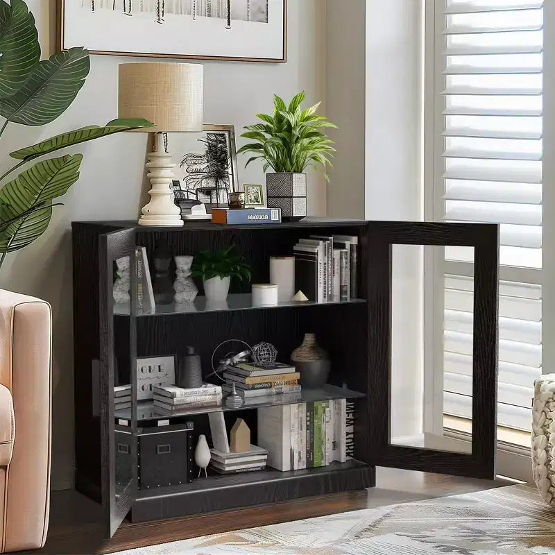 PexFix Mobile Accentato in Legno 31x31x16 con Ripiano Regolabile, Armadietto Contenitore Nero-Porta in Vetro
