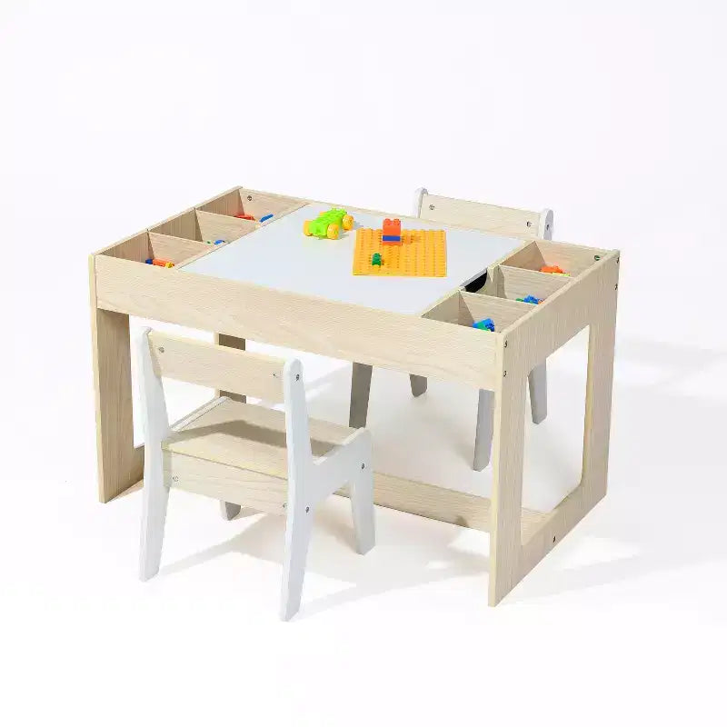 LuxenHome Drawing and Activity Board Children Table with 2 Chairs Set Brown