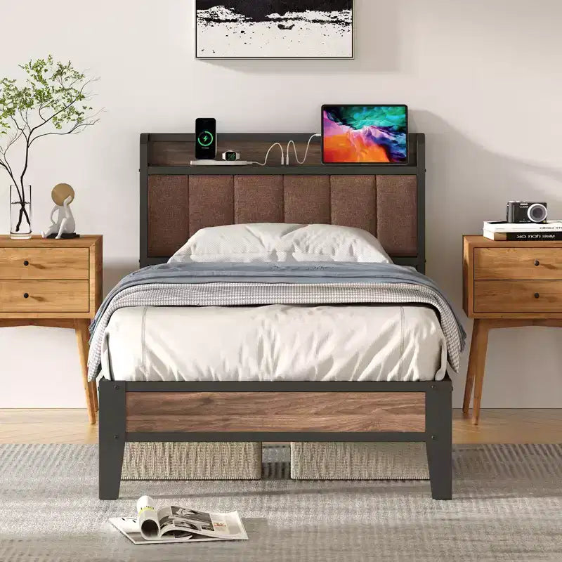 Lusimo Struttura Letto Singolo XL Imbottito con Contenitore e Stazione di Ricarica