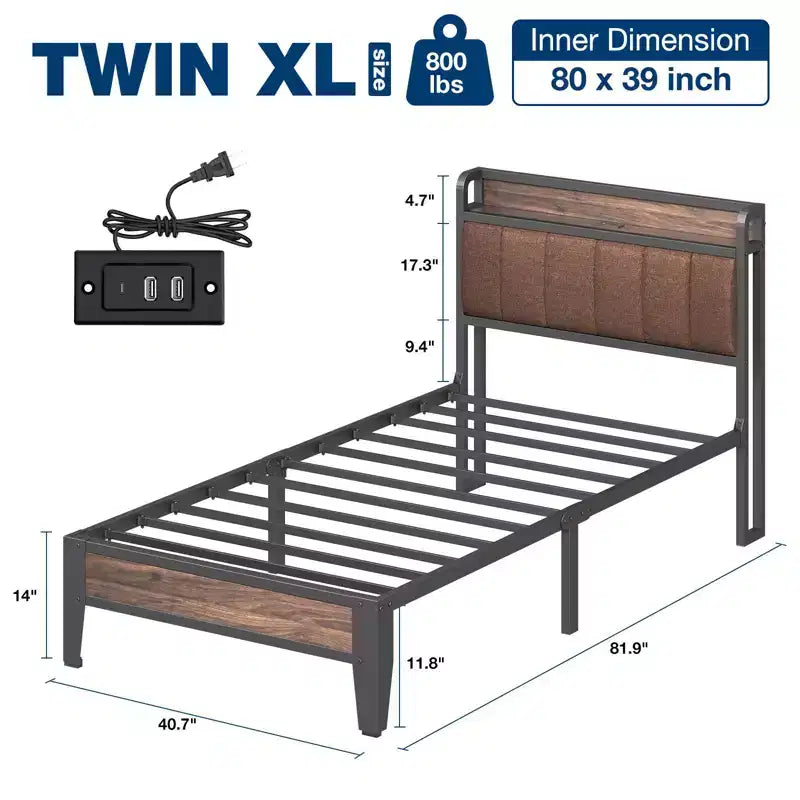 Lusimo Struttura Letto Singolo XL Imbottito con Contenitore e Stazione di Ricarica