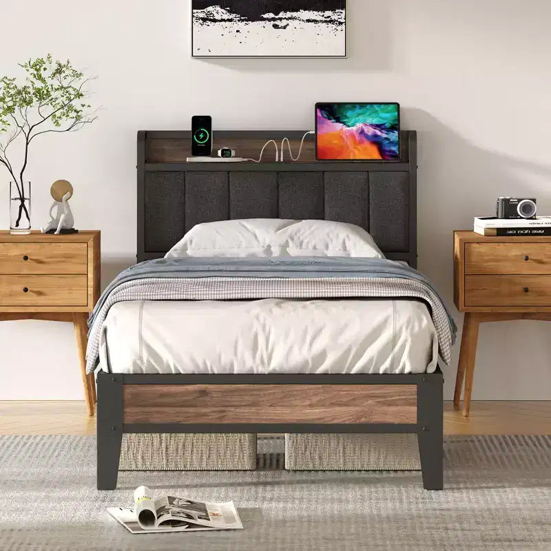 Lusimo Struttura Letto Singolo XL Imbottito con Contenitore e Stazione di Ricarica