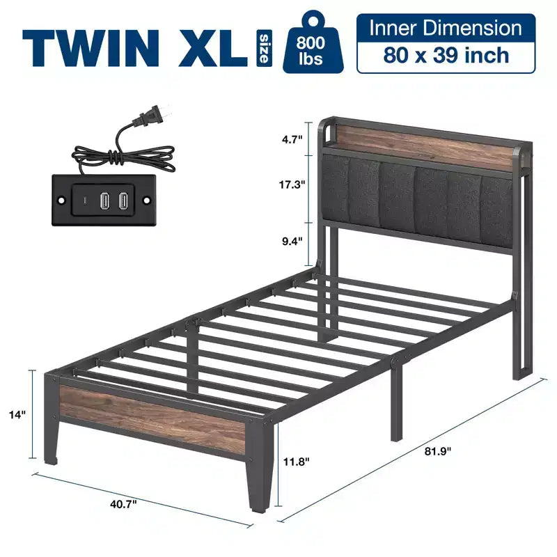 Lusimo Struttura Letto Singolo XL Imbottito con Contenitore e Stazione di Ricarica