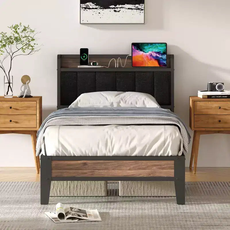 Lusimo Struttura Letto Singolo XL Imbottito con Contenitore e Stazione di Ricarica