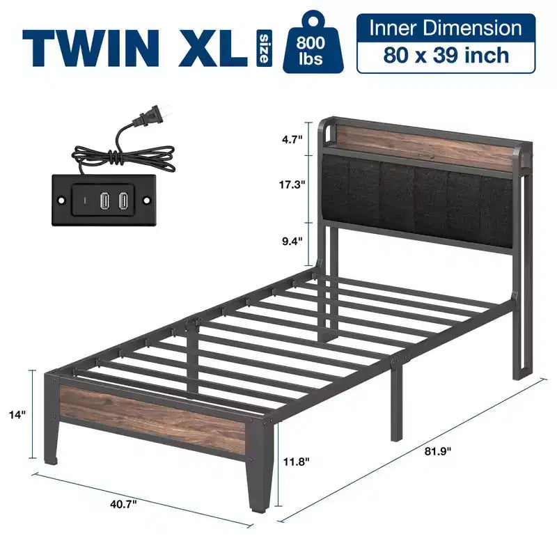 Lusimo Struttura Letto Singolo XL Imbottito con Contenitore e Stazione di Ricarica