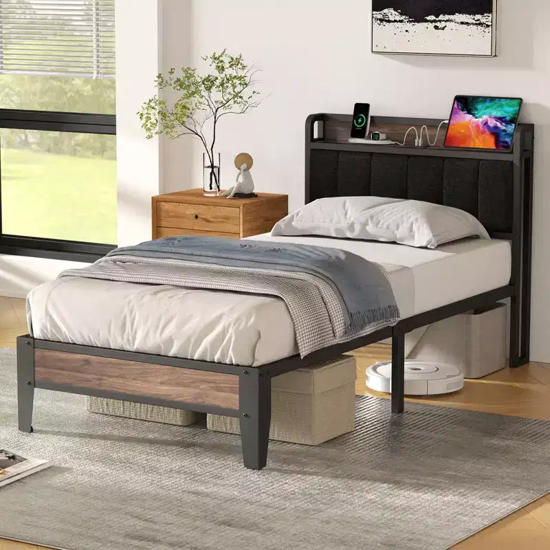 Lusimo Bed Frame Twin XL Upholstered Platform Bed with Storage Headboard and Charging Station