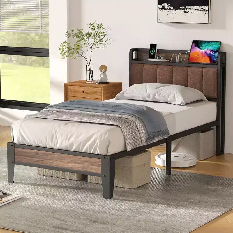 Lusimo Struttura Letto Singolo XL Imbottito con Contenitore e Stazione di Ricarica