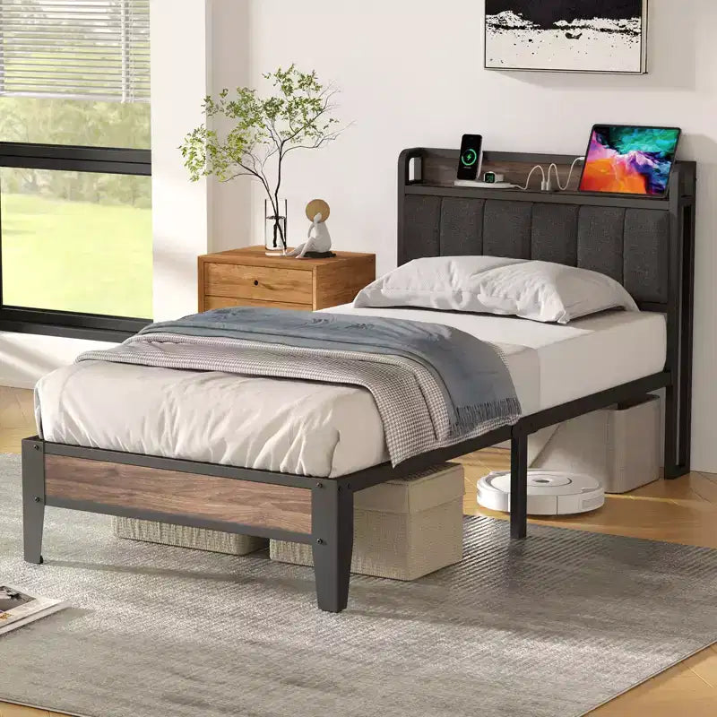 Lusimo Struttura Letto Singolo XL Imbottito con Contenitore e Stazione di Ricarica