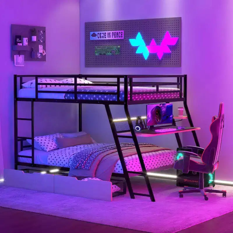 Whisen Full Size Metal Bunk Bed with Built-in Desk and Light and 2 Drawers - Black