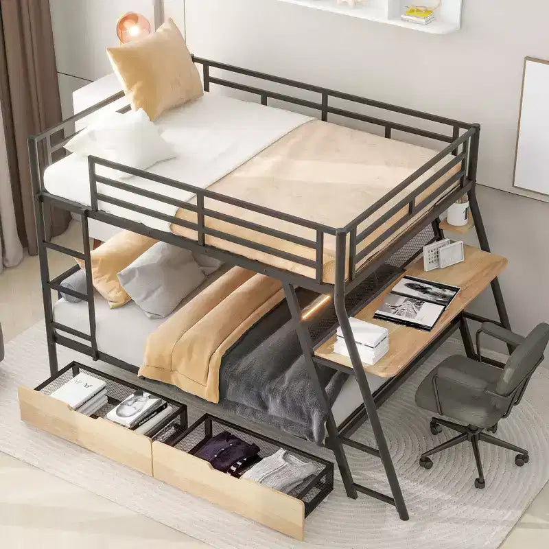Letto a castello matrimoniale in metallo Whisen con scrivania integrata, luce e 2 cassetti - Nero