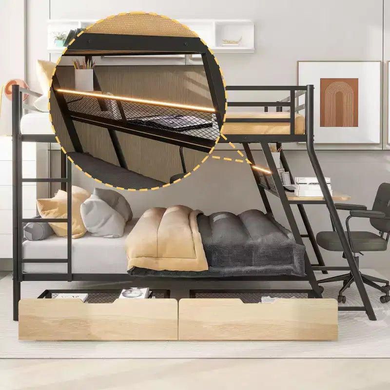 Letto a castello matrimoniale in metallo Whisen con scrivania integrata, luce e 2 cassetti - Nero