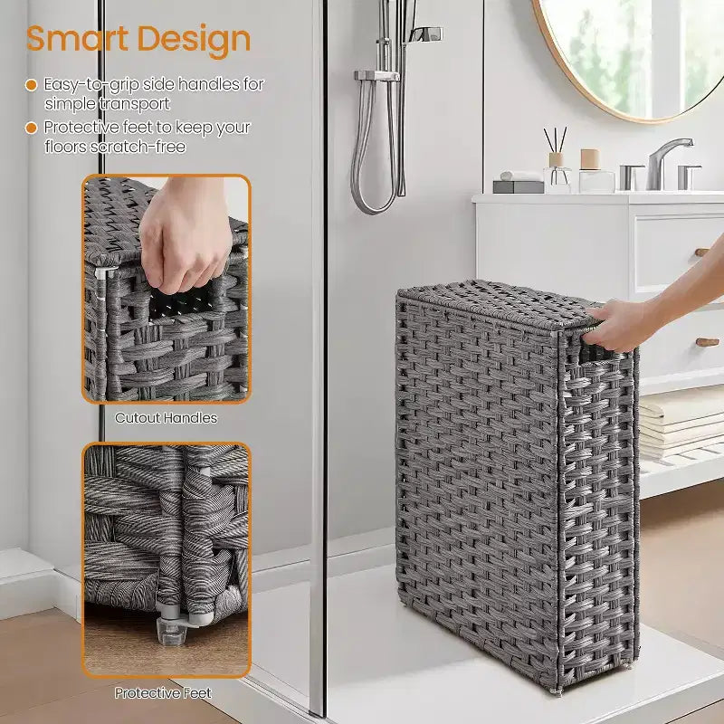 Cesta portabiancheria sottile da 14,5 galloni con coperchio, cesto portabiancheria pieghevole in rattan con coperchio e manici, fodera rimovibile