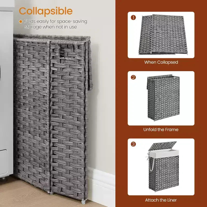Cesta portabiancheria sottile da 14,5 galloni con coperchio, cesto portabiancheria pieghevole in rattan con coperchio e manici, fodera rimovibile