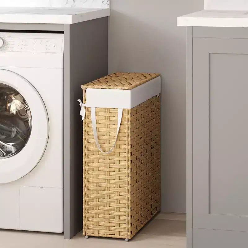 Cesta portabiancheria sottile da 14,5 galloni con coperchio, cesto portabiancheria pieghevole in rattan con coperchio e manici, fodera rimovibile