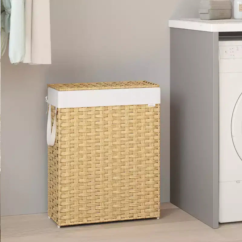 Cesta portabiancheria sottile da 14,5 galloni con coperchio, cesto portabiancheria pieghevole in rattan con coperchio e manici, fodera rimovibile