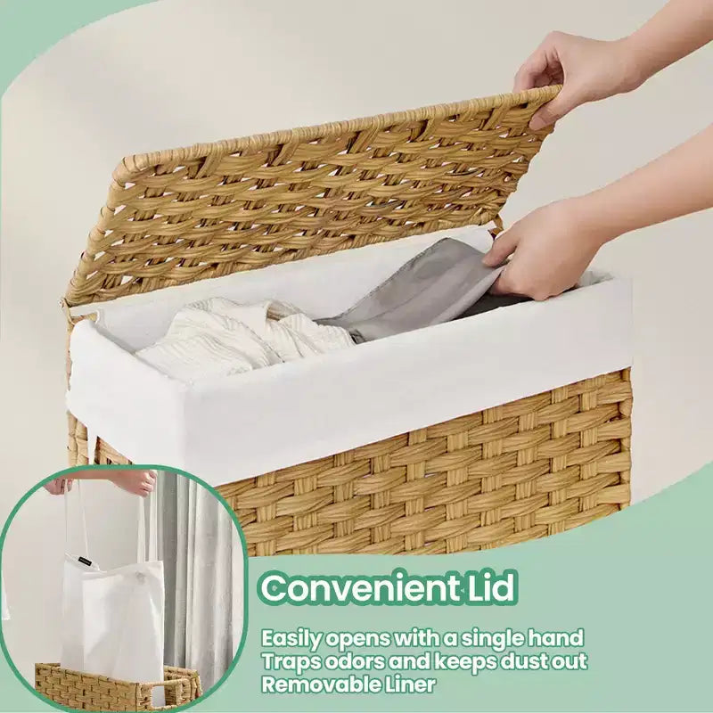 Cesta portabiancheria sottile da 14,5 galloni con coperchio, cesto portabiancheria pieghevole in rattan con coperchio e manici, fodera rimovibile