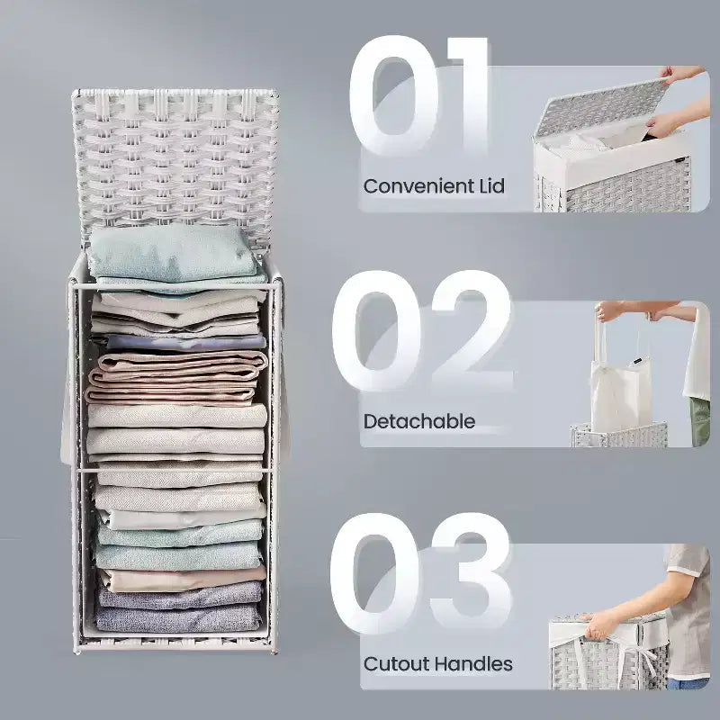 Cesta portabiancheria sottile da 14,5 galloni con coperchio, cesto portabiancheria pieghevole in rattan con coperchio e manici, fodera rimovibile