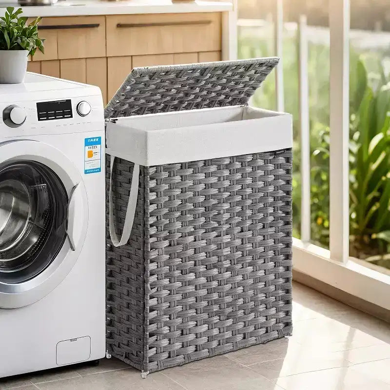 Cesta portabiancheria sottile da 14,5 galloni con coperchio, cesto portabiancheria pieghevole in rattan con coperchio e manici, fodera rimovibile