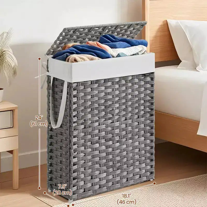 Cesta portabiancheria sottile da 14,5 galloni con coperchio, cesto portabiancheria pieghevole in rattan con coperchio e manici, fodera rimovibile