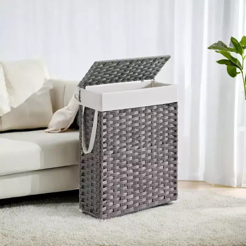 Cesta portabiancheria sottile da 14,5 galloni con coperchio, cesto portabiancheria pieghevole in rattan con coperchio e manici, fodera rimovibile
