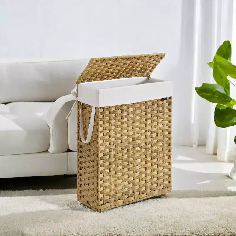 Cesta portabiancheria sottile da 14,5 galloni con coperchio, cesto portabiancheria pieghevole in rattan con coperchio e manici, fodera rimovibile