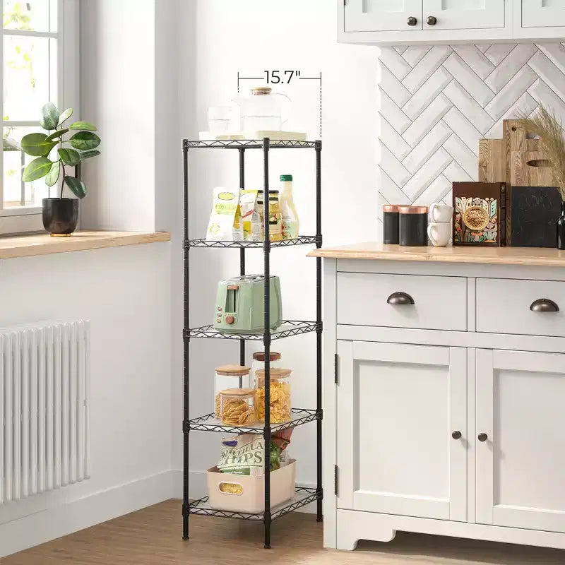 5-Tier Storage Shelves, Kitchen Metal Wire Shelving Unit, Storage Rack, Adjustable Shelves, with 8 Hooks, for Garage, Kitchen
