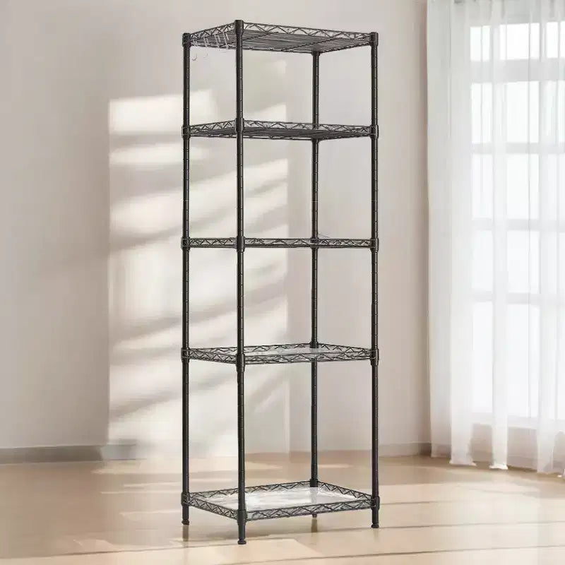 Scaffale portaoggetti a 5 ripiani, scaffale in metallo da cucina, scaffale portaoggetti, ripiani regolabili, con 8 ganci, per garage, cucina