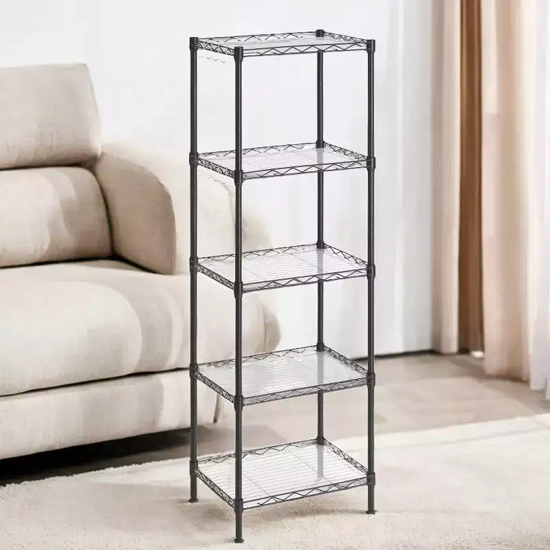 Scaffale portaoggetti a 5 ripiani, scaffale in metallo da cucina, scaffale portaoggetti, ripiani regolabili, con 8 ganci, per garage, cucina
