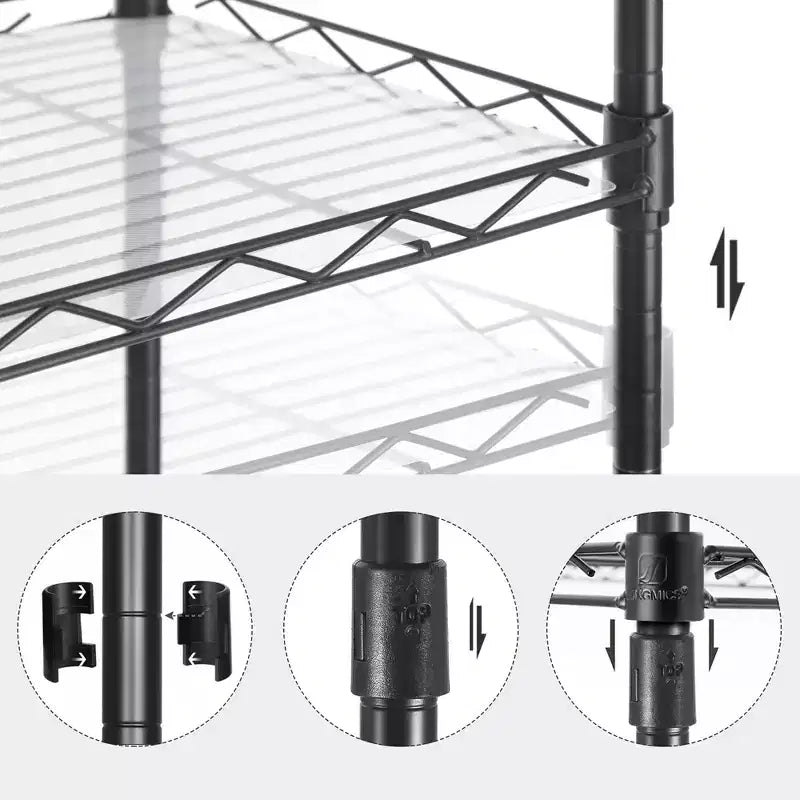 Scaffale portaoggetti a 5 ripiani, scaffale in metallo da cucina, scaffale portaoggetti, ripiani regolabili, con 8 ganci, per garage, cucina