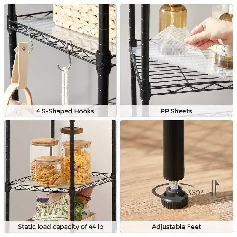 Scaffale portaoggetti a 5 ripiani, scaffale in metallo da cucina, scaffale portaoggetti, ripiani regolabili, con 8 ganci, per garage, cucina