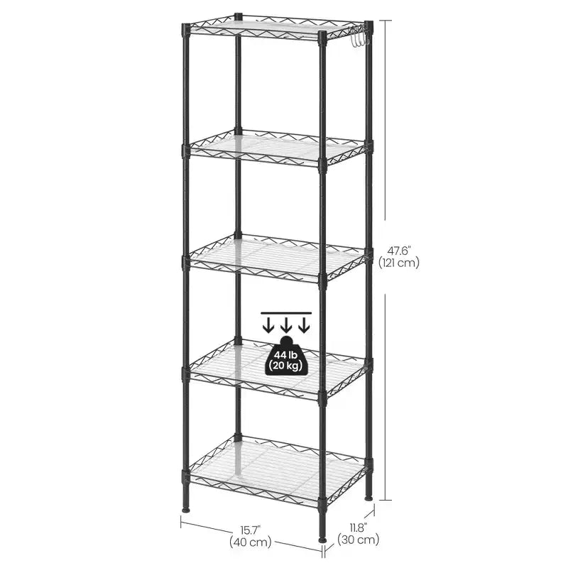 Scaffale portaoggetti a 5 ripiani, scaffale in metallo da cucina, scaffale portaoggetti, ripiani regolabili, con 8 ganci, per garage, cucina