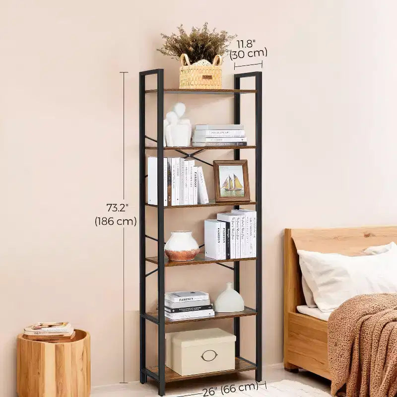 Libreria Alta a 6 Ripiani, Grande Scaffale con Telaio in Acciaio, Libreria Profonda per Soggiorno, Ufficio, Studio, 30 x 66 x 186 cm