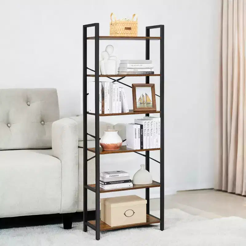 Libreria Alta a 6 Ripiani, Grande Scaffale con Telaio in Acciaio, Libreria Profonda per Soggiorno, Ufficio, Studio, 30 x 66 x 186 cm