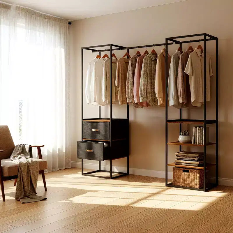 Freestanding Closet Heavy Duty Garment Rack 70.9 Inch Clothes Rack with 1 Extendable Hanging Rod, 2 Drawers, and 4 Shelves, Rustic Brown