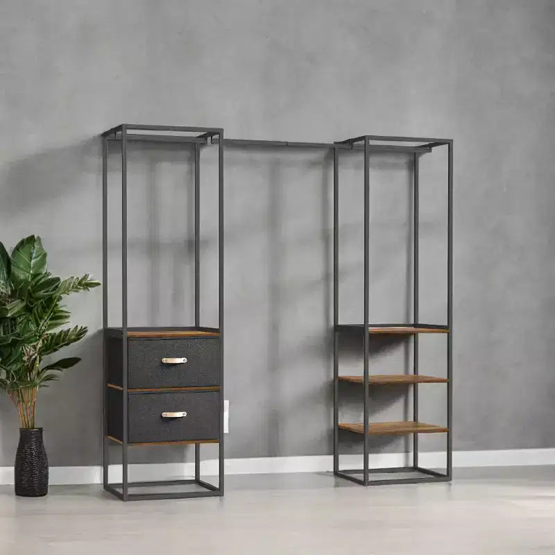 Armadio Indipendente, Appendiabiti Robusto da 180 cm con 1 Asta Estensibile, 2 Cassetti e 4 Ripiani, Marrone Rustico