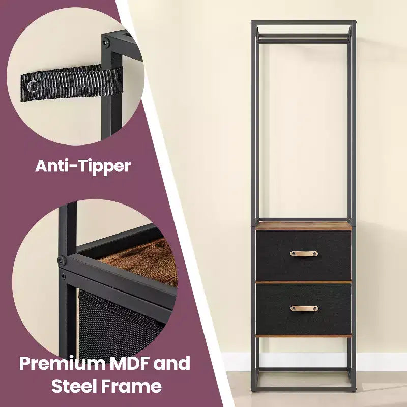 Armadio Indipendente, Appendiabiti Robusto da 180 cm con 1 Asta Estensibile, 2 Cassetti e 4 Ripiani, Marrone Rustico