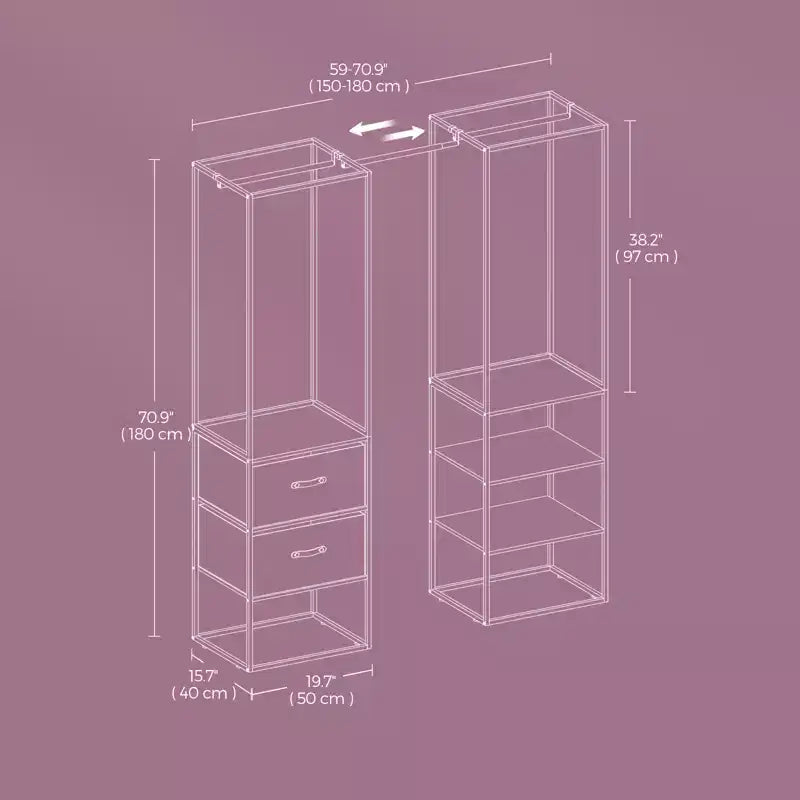 Armadio Indipendente, Appendiabiti Robusto da 180 cm con 1 Asta Estensibile, 2 Cassetti e 4 Ripiani, Marrone Rustico