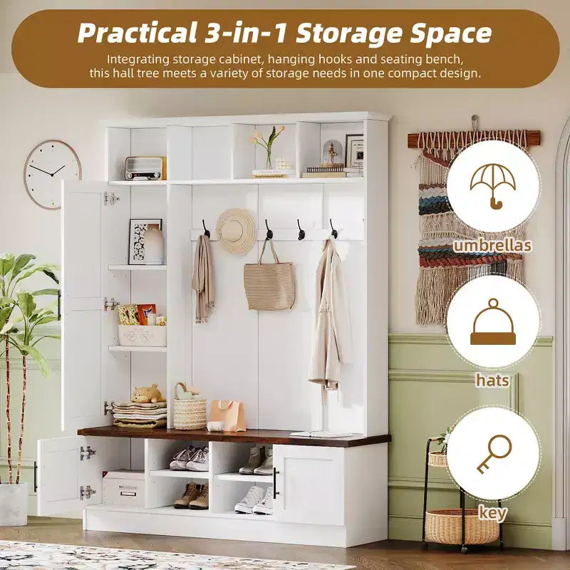 Whisen Attaccapanni Versatile 3-in-1 con 6 Ganci, Panchina Contenitore Rustica Noce con Ripiani Regolabili
