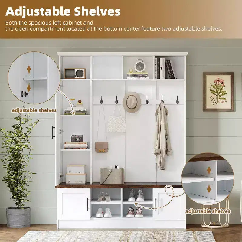Whisen Attaccapanni Versatile 3-in-1 con 6 Ganci, Panchina Contenitore Rustica Noce con Ripiani Regolabili