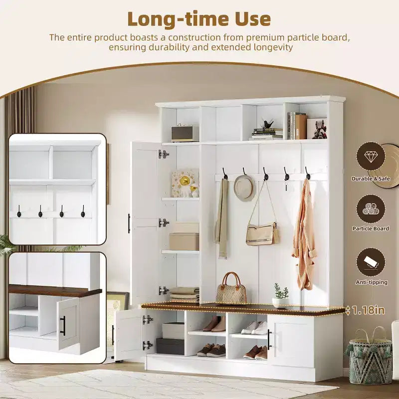 Whisen Attaccapanni Versatile 3-in-1 con 6 Ganci, Panchina Contenitore Rustica Noce con Ripiani Regolabili