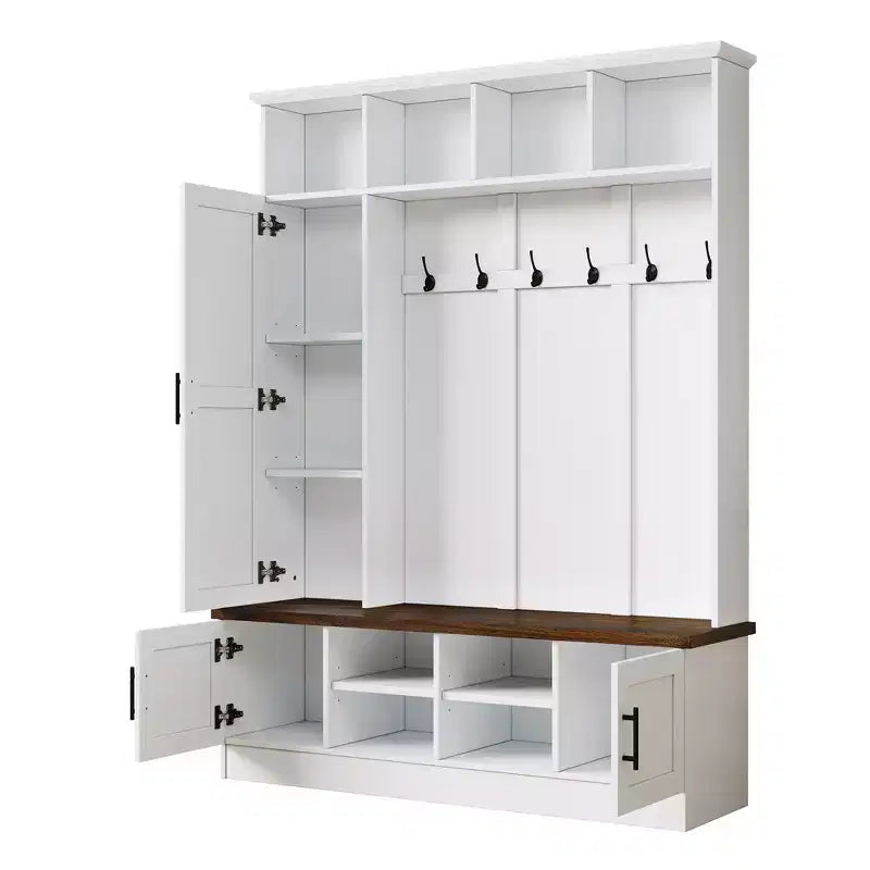 Whisen Attaccapanni Versatile 3-in-1 con 6 Ganci, Panchina Contenitore Rustica Noce con Ripiani Regolabili
